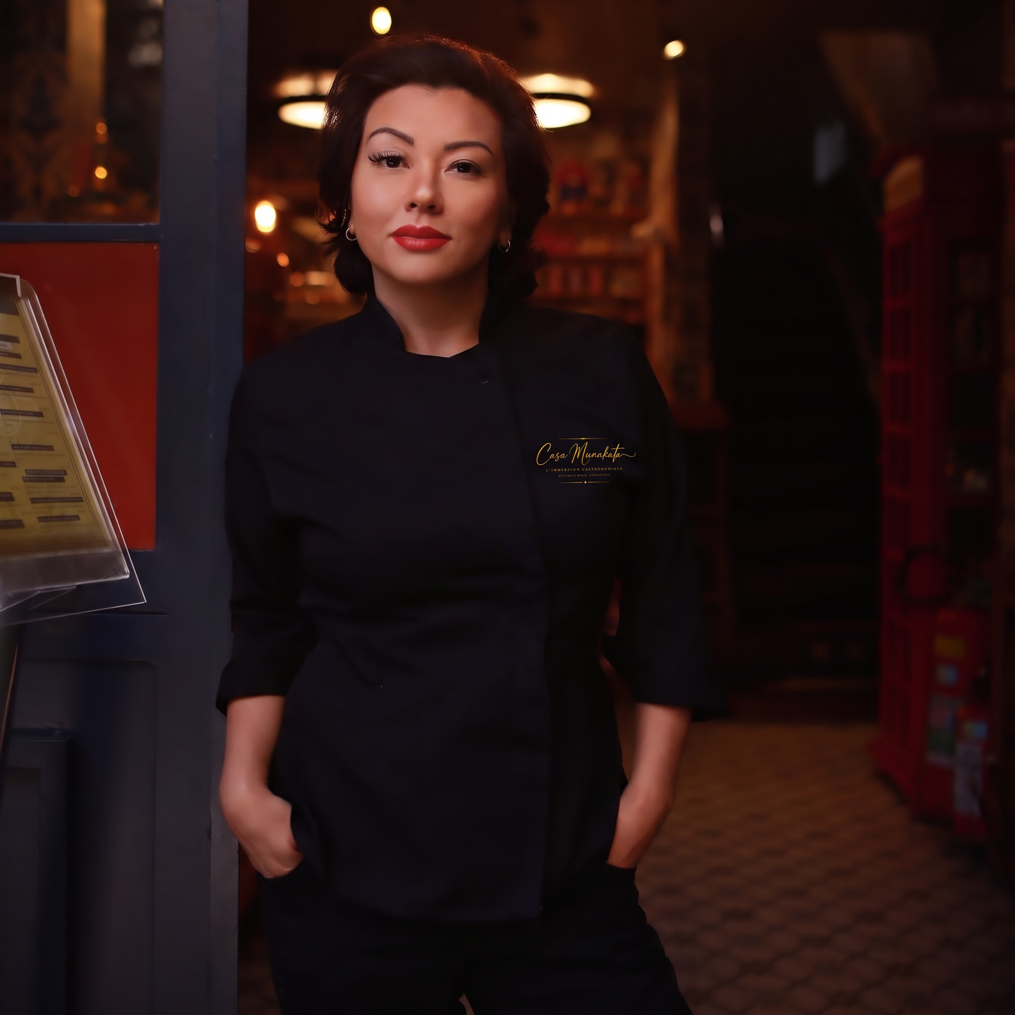 Chef Fabi Munakata com dólmã preta e logo dourada da Casa Munakata